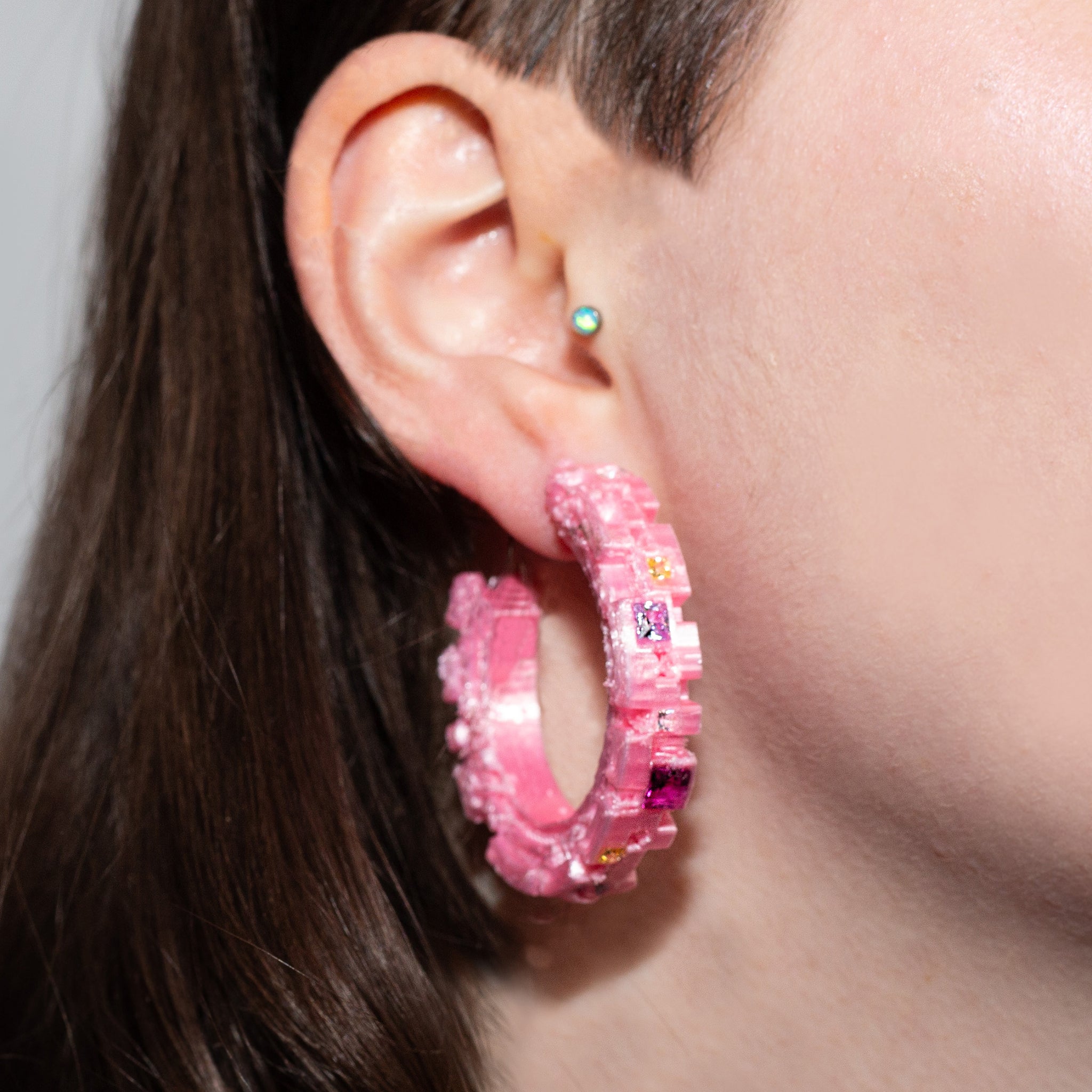 Printed Pink PLA & Gems Pixelation Hoop Earrings